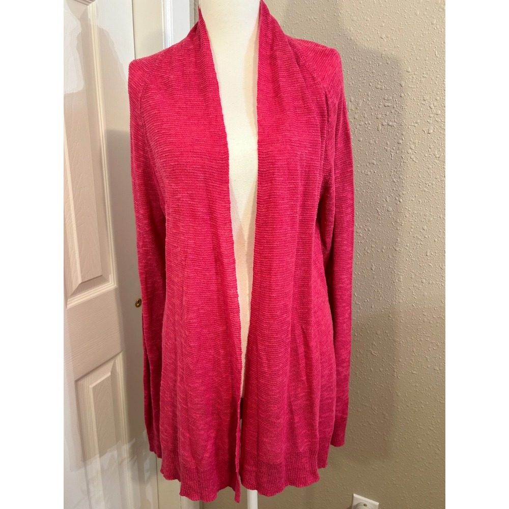 Eileen Fisher Linen Blend Women Pink Open Front Longline Knit Cardigan Sweater S